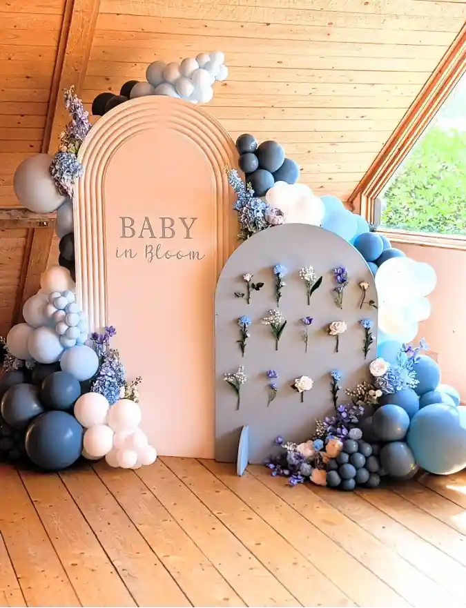 Dusty Blue Arch & Floral Wall - A Modern Take on Baby in Bloom