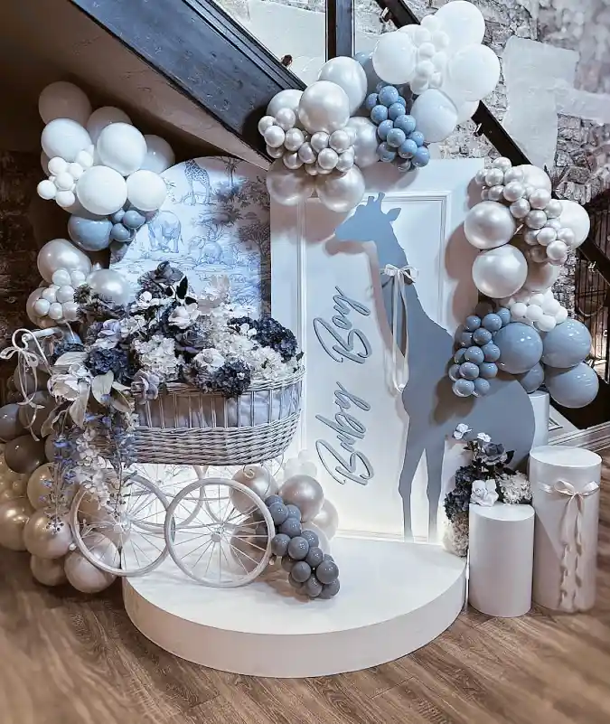 Dusty Blue Toile & Giraffe Whimsy - A Sophisticated Baby in Bloom Celebration