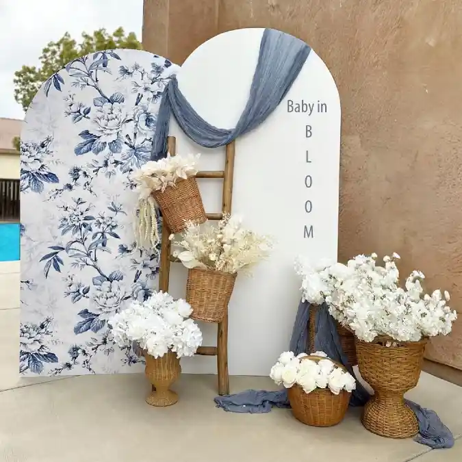Dusty Blue Toile and Timber - A Sophisticated Baby in Bloom Backdrop