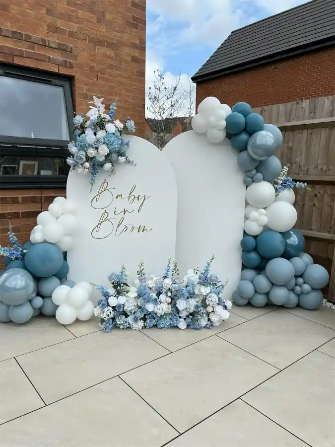 Dusty Blue and Crisp White Backdrop - Arched Elegance for a Modern Boy's Shower