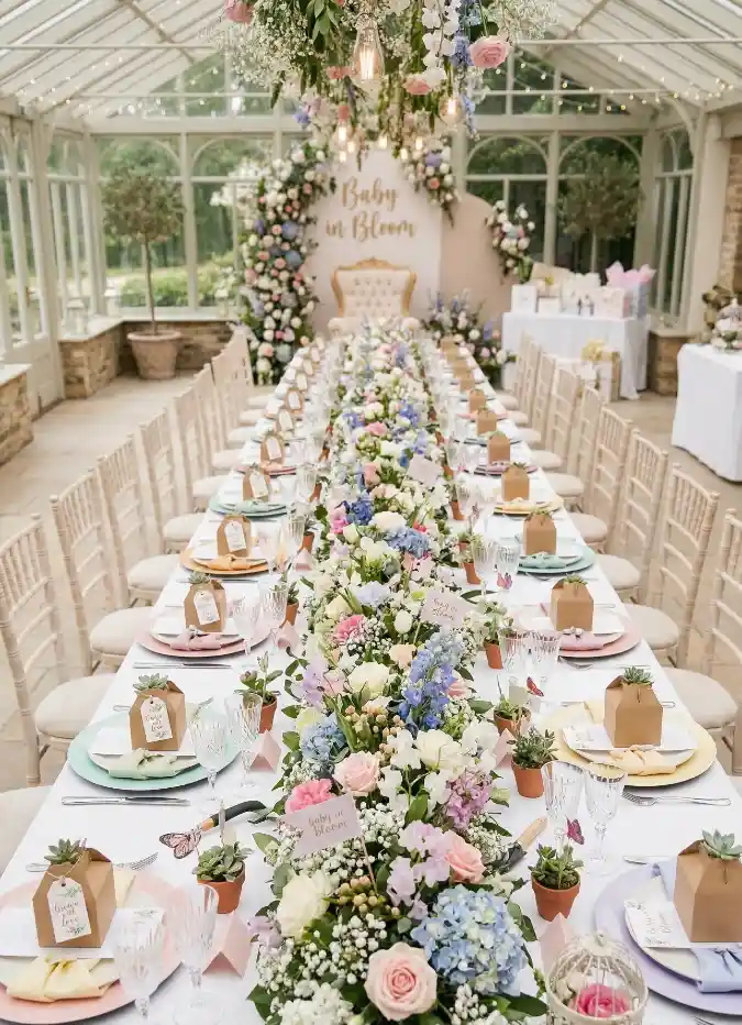 Garden Conservatory - Baby in Bloom Tablescape with Floral Abundance