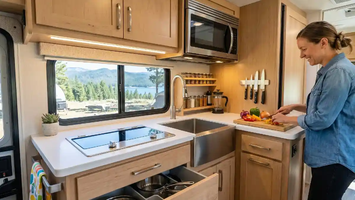Honey-Toned Haven A Gourmet RV Kitchen with a Modern Lakeside View