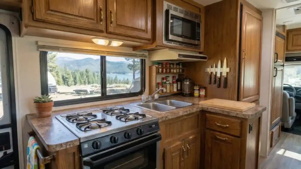 Honey-Toned Haven A Gourmet RV Kitchen with a Modern Lakeside View