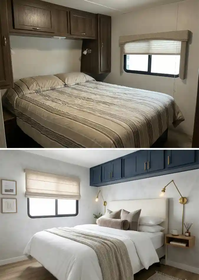 Midnight Navy & Alabaster Sanctuary — RV Bedroom Bliss with a Boutique Hotel Soul