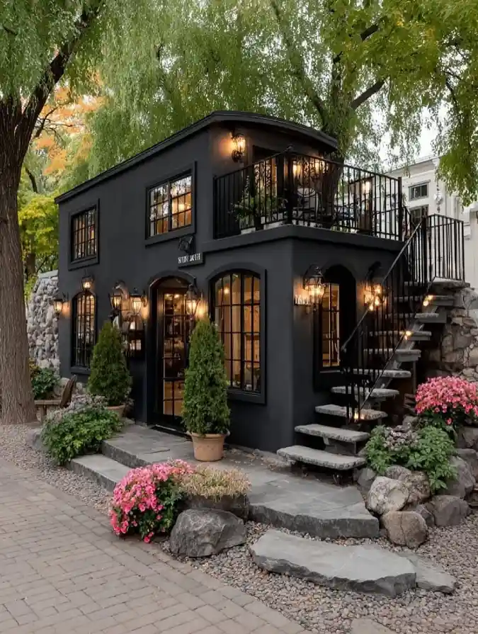 Midnight Onyx Garden Loft – Illuminating Dark Exteriors with Expansive Glass