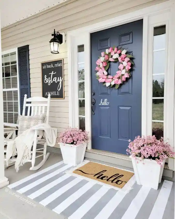 Navy & Peony Greeting — Spring Porch Refresh with Classic Contrast
