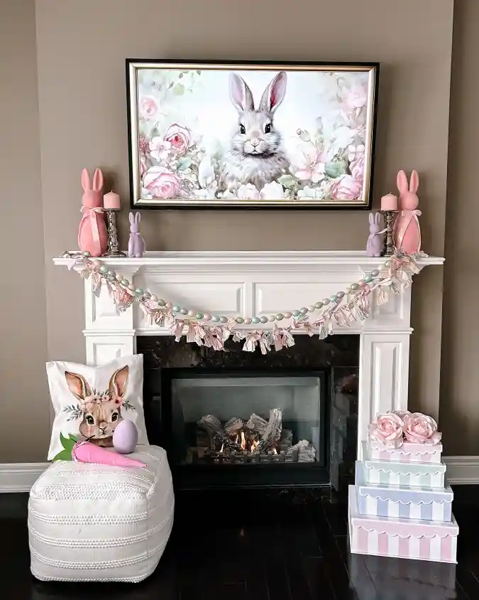 Pastel Petals and Rabbit Portraits - Easter Mantel Styling with Soft Sophistication