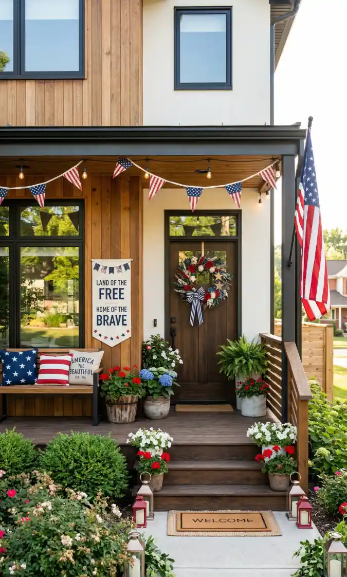 Patriotic Modern Farmhouse Porch - Red, White, and Blue Curb Appeal