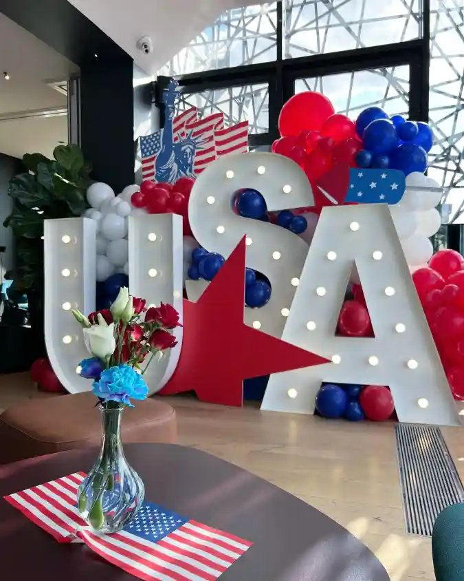 Red, White, and Marquee Glow - Patriotic Party Backdrop