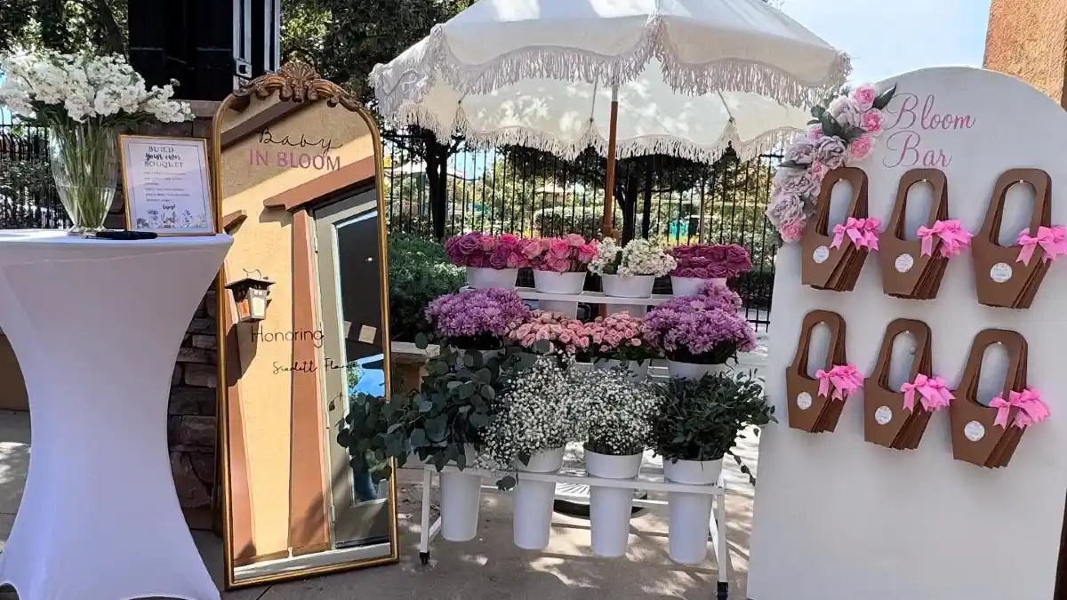 Rose Quartz and Gold Leaf Baby Shower - Bloom Bar with an Elegant Reflection