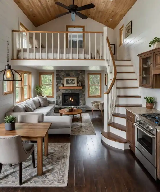 Rustic Stone & Shiplap Loft - Illuminating Small-Scale Luxury