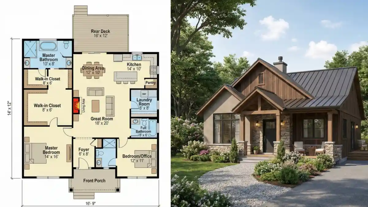 Rustic Timber and Stone Modern Craftsman House Plan - Ideal 2 Bedroom 2 Bath Layouts for Couples