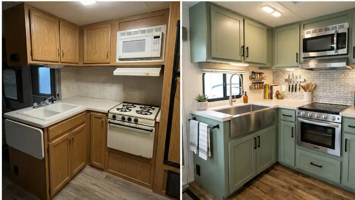 Sage & Stainless Steel Sanctuary - A Modern RV Kitchen Revolution