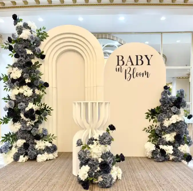 Slate and Ivory Floral Arched Backdrop — Sophisticated Blooms for a Little Gentleman