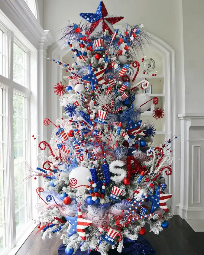 Star-Spangled Flocked Evergreen - Fourth of July Decor with a Maximalist Spark
