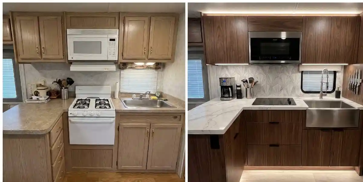 Sultry Walnut & Marble Modernization – RV Kitchen Overhaul for Gourmet Travel