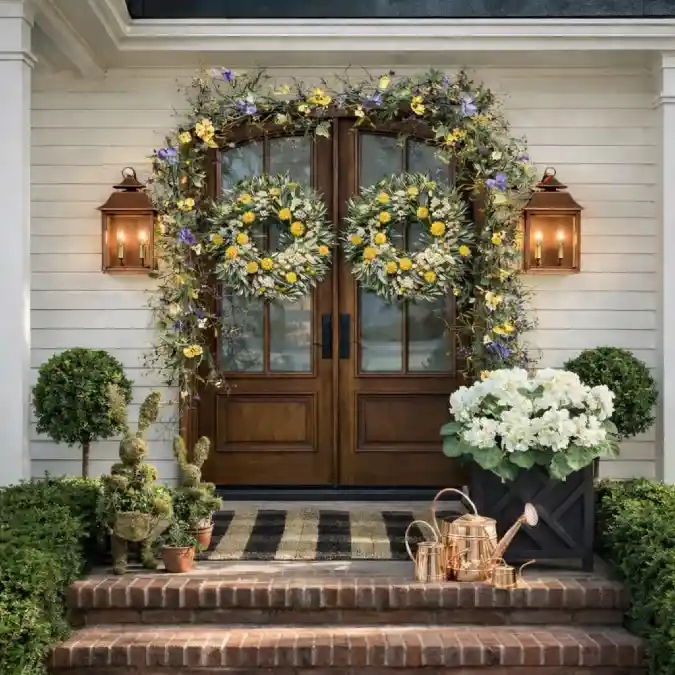 Sunny Blooms and Copper Accents - Spring Front Porch with a Whimsical Twist