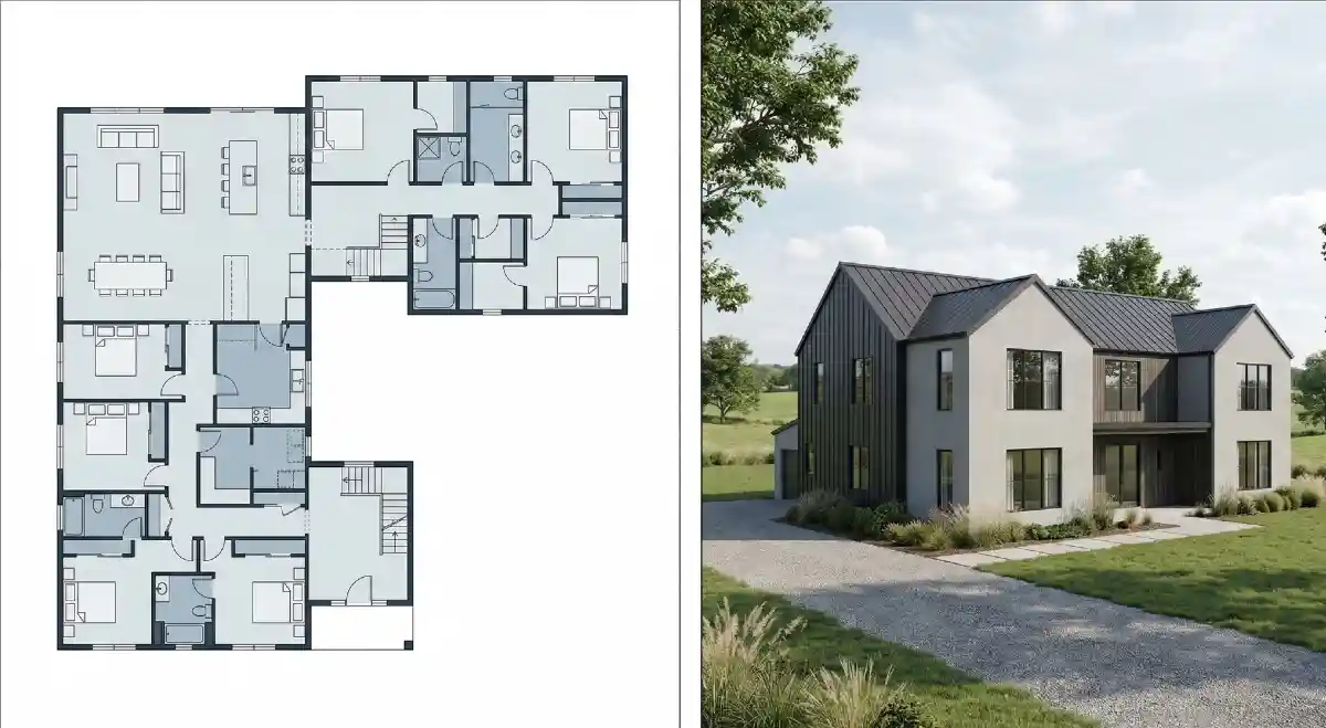 Symmetrical Steel & Stone Sanctuary - A Modern Marvel for Large Families