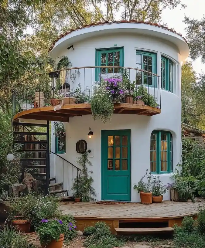 Teal-Trimmed Turret Sanctuary – Radiating Light Through Curved Geometry