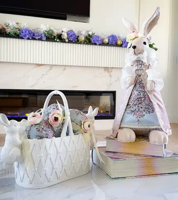 Victorian Pastels and Whimsical Rabbits - Elegant Mantle Decor with a Soft Perspective