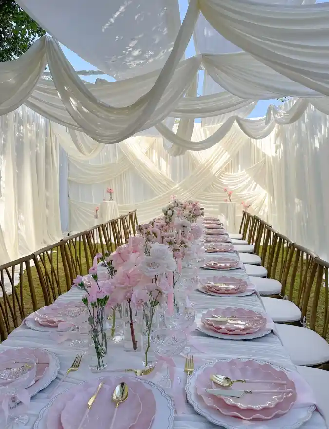 Whimsical Drapes and Scalloped Plates for a Baby in Bloom Luncheon