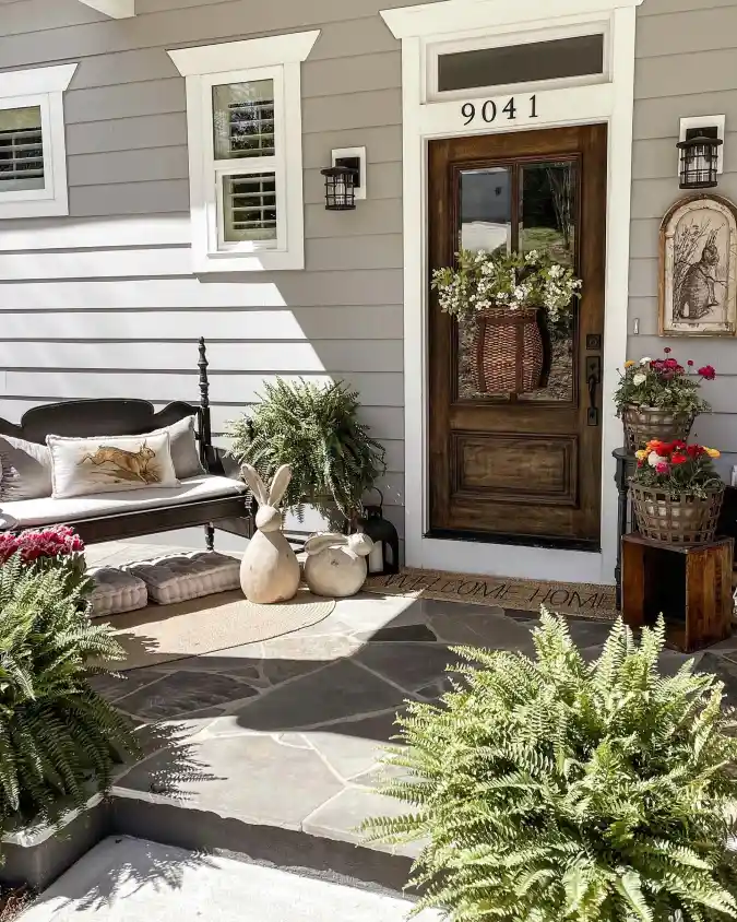 Whimsical Hare and Fern Entryway - Spring Porch Decor with Rustic Charm