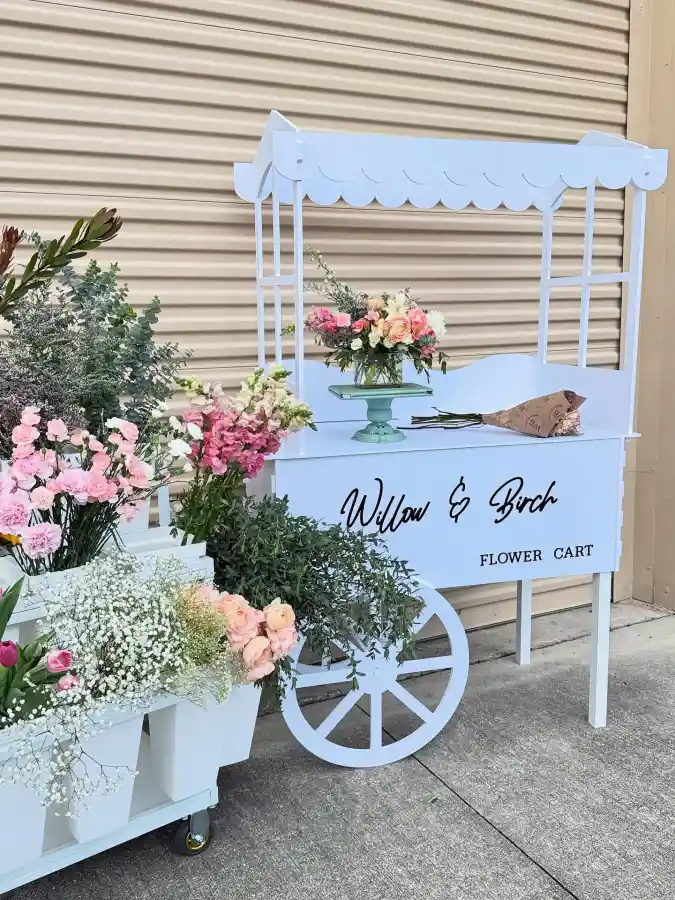 Whimsical White Willow & Birch Flower Cart - Floral Bar Setup with a Classic Touch