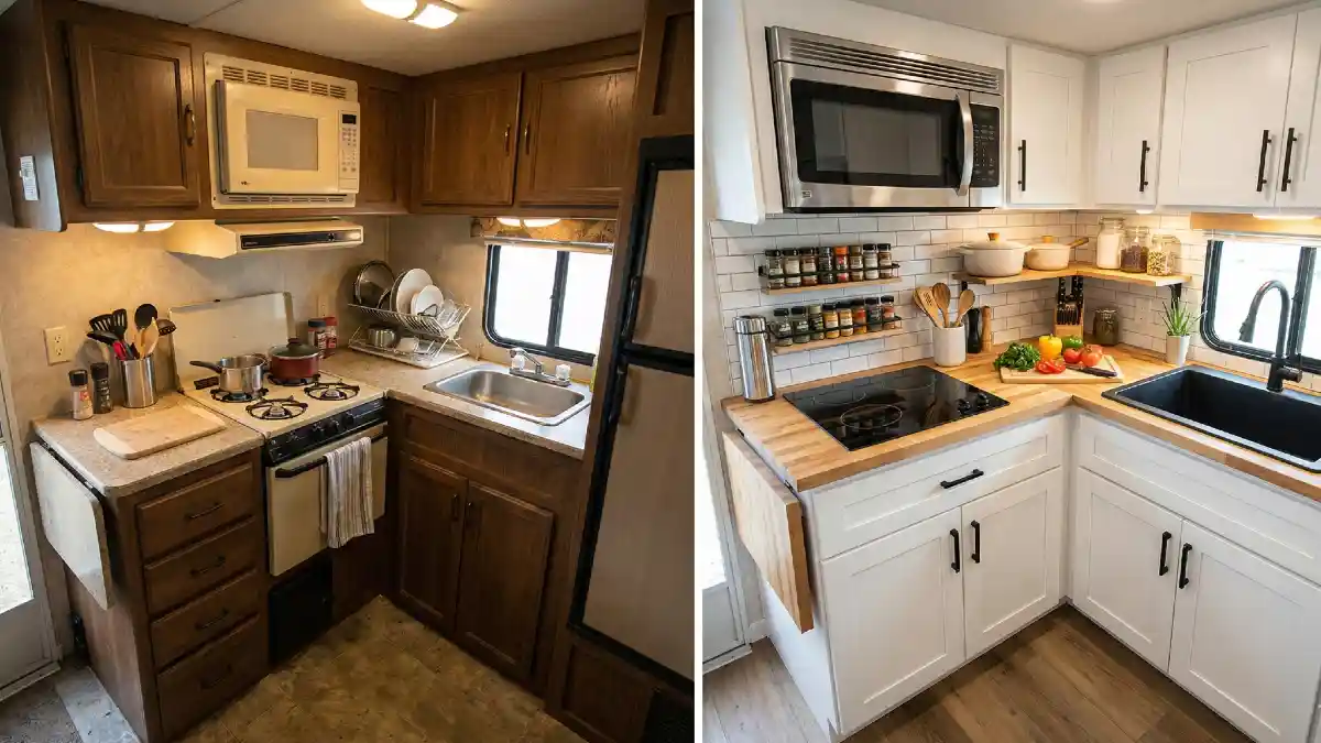 Wood-Tone Origins to Modern White Minimalism RV Kitchen Transformation