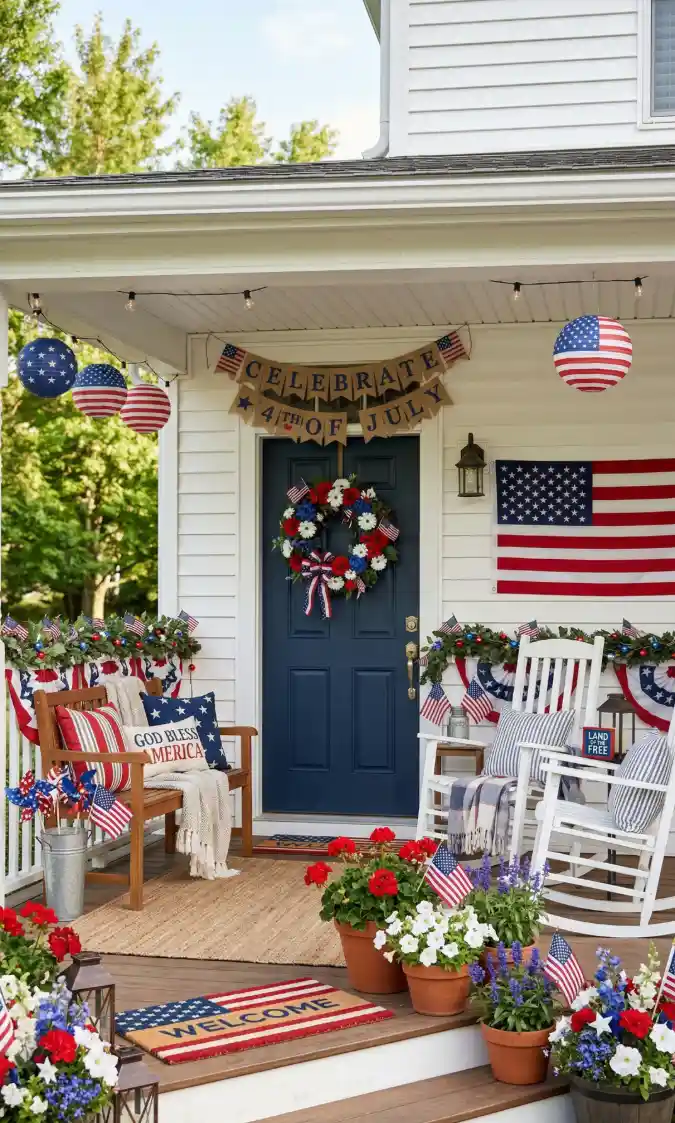 4th of July Front Porch with Festive Red, White, and Blue Flair