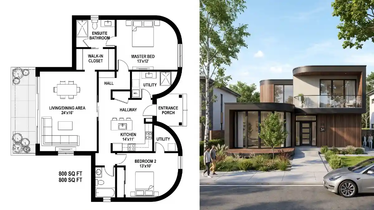 Curvy Noir and Oak Modern Sanctuary – 800 Sq Ft House Plans Proving Less Is More